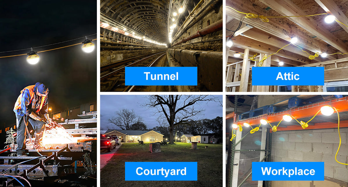 LED Construction String Lights Multi-Scenario Application Grid, Demonstrating Practical Lighting Effects in Tunnel, Attic, Courtyard and Workplace