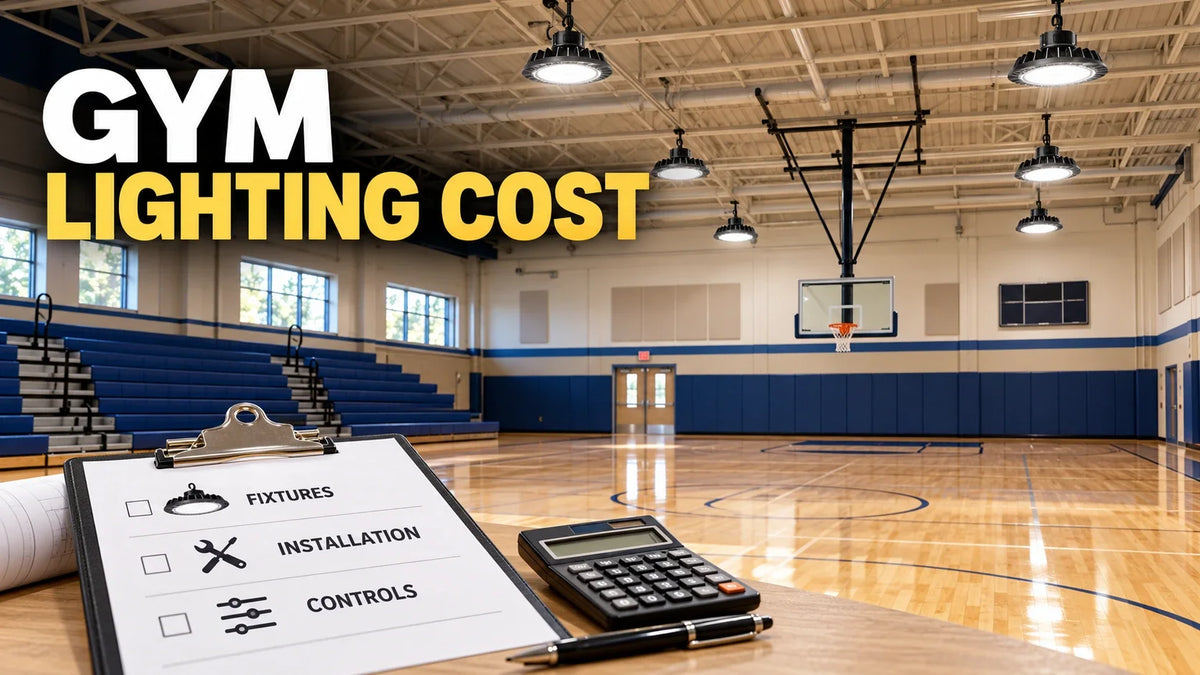 Gymnasium lighting budget concept with high bay fixtures, installation, and controls on a planning checklist.
