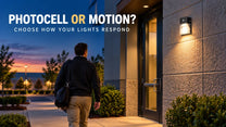 Photocell wall pack lighting a commercial entrance at dusk.
