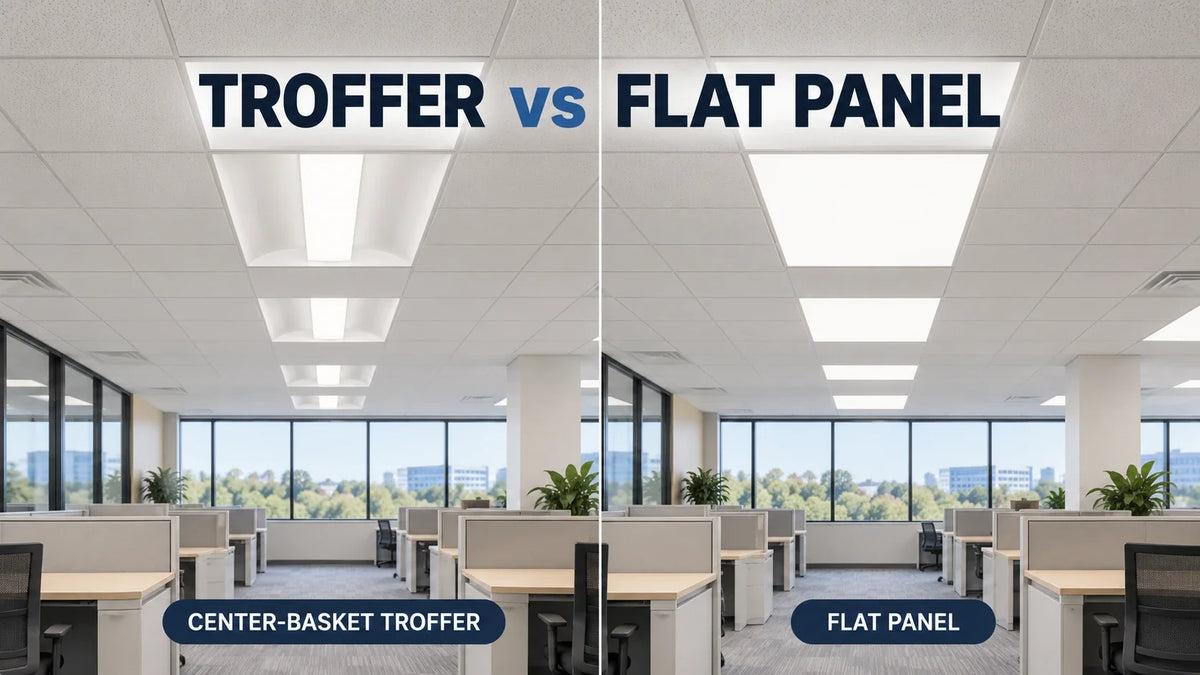 Concept comparison of center-basket troffers and flat panels installed in matching office drop-ceiling views.