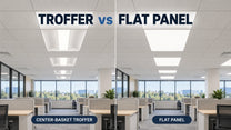 Concept comparison of center-basket troffers and flat panels installed in matching office drop-ceiling views.