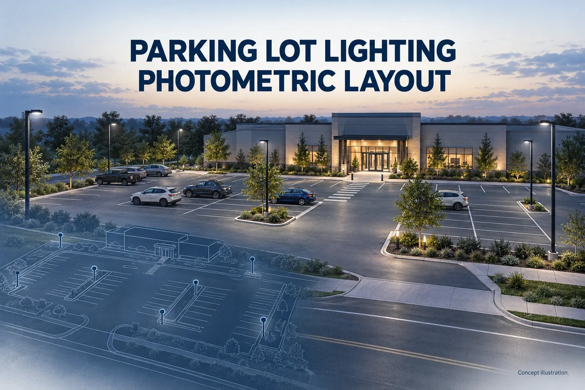 Concept illustration of commercial parking lot lighting at dusk with a schematic site-layout overlay.