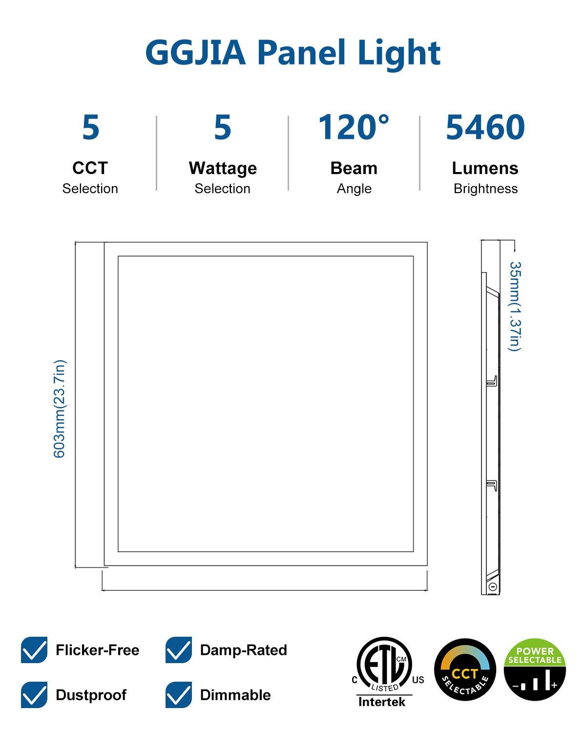 Led Ceiling Panel Light 40W 2FTx2FT 2Pack, 5200lumens, Selectable Wattage & CCT, AC 120-277V