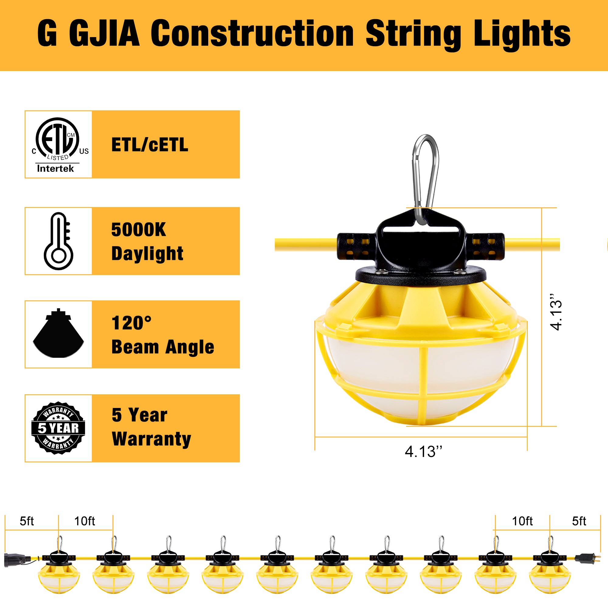 100FT LED Construction String Lights 130W 16,000LM 3 Prong With Cage 10 Integrated LED Lights