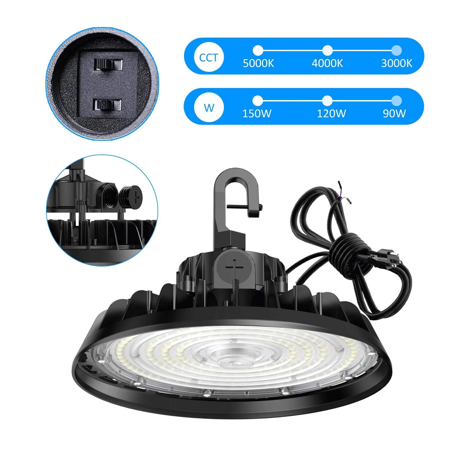 LED High Bay Lights Adjustable Series 0-10V Dimmable, 5' Cable with US Plug