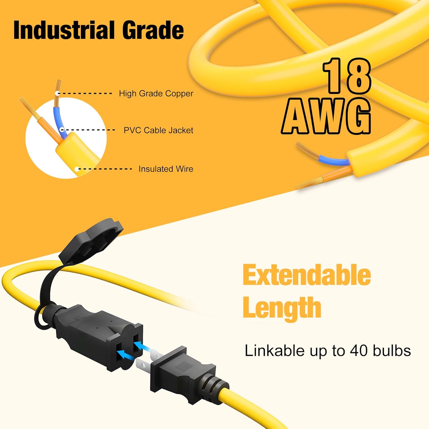 100W LED Construction String Lights 100FT 12,000LM 2 Prong 10 Integrated LED Lights