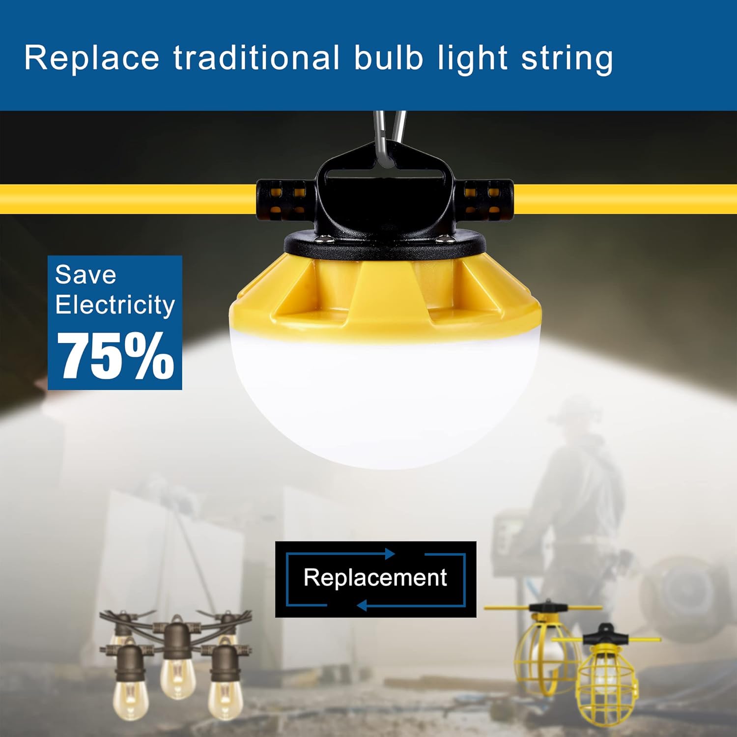 G GJIA 130W LED Construction String Light Round Series 100FT 16000LM 2 Prong - G GJIA® G GJIA®