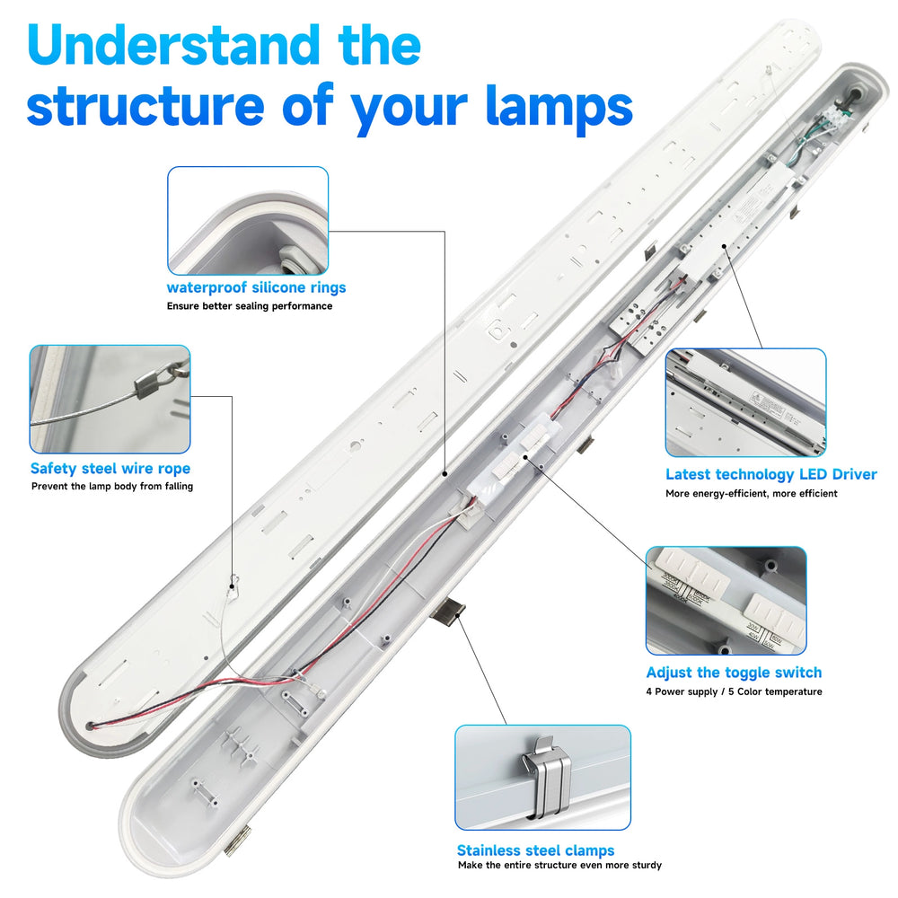 G GJIA 60W 4FT LED Vapor Light, Vapor Proof Tight Light Fixture, 8700Lm (4 Power/ 5 CCT) - G GJIA®
