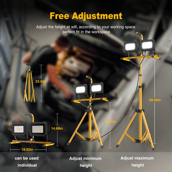 G GJIA 80W LED Tripod Light 10000LM, 2 Head Portable Work Lights on stand - G GJIA®