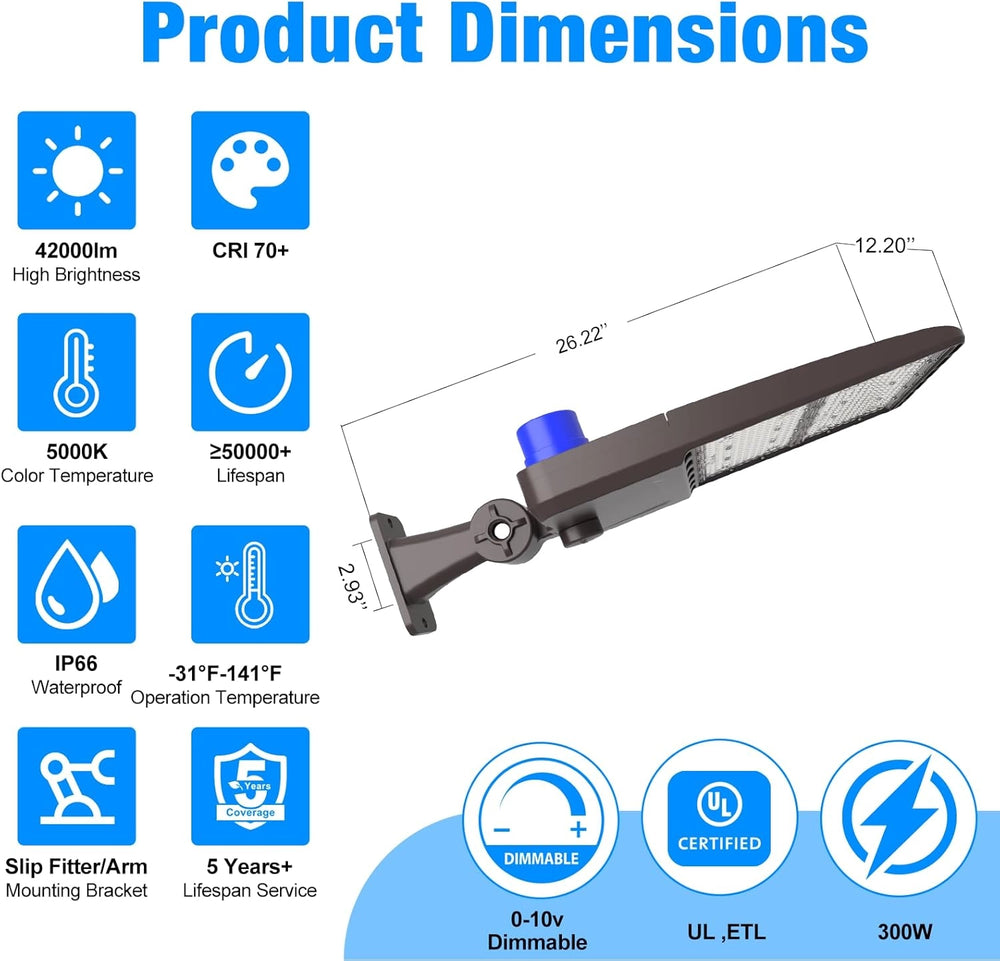 G GJIA 300W 42,000LM LED Parking Lot Lights with Arm Mount, Dusk-to-Dawn - G GJIA®