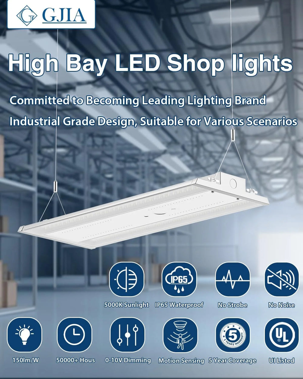 G GJIA 300W 45,000LM Linear High Bay LED Shop Lights 0-10V Dimmable - UL Complied