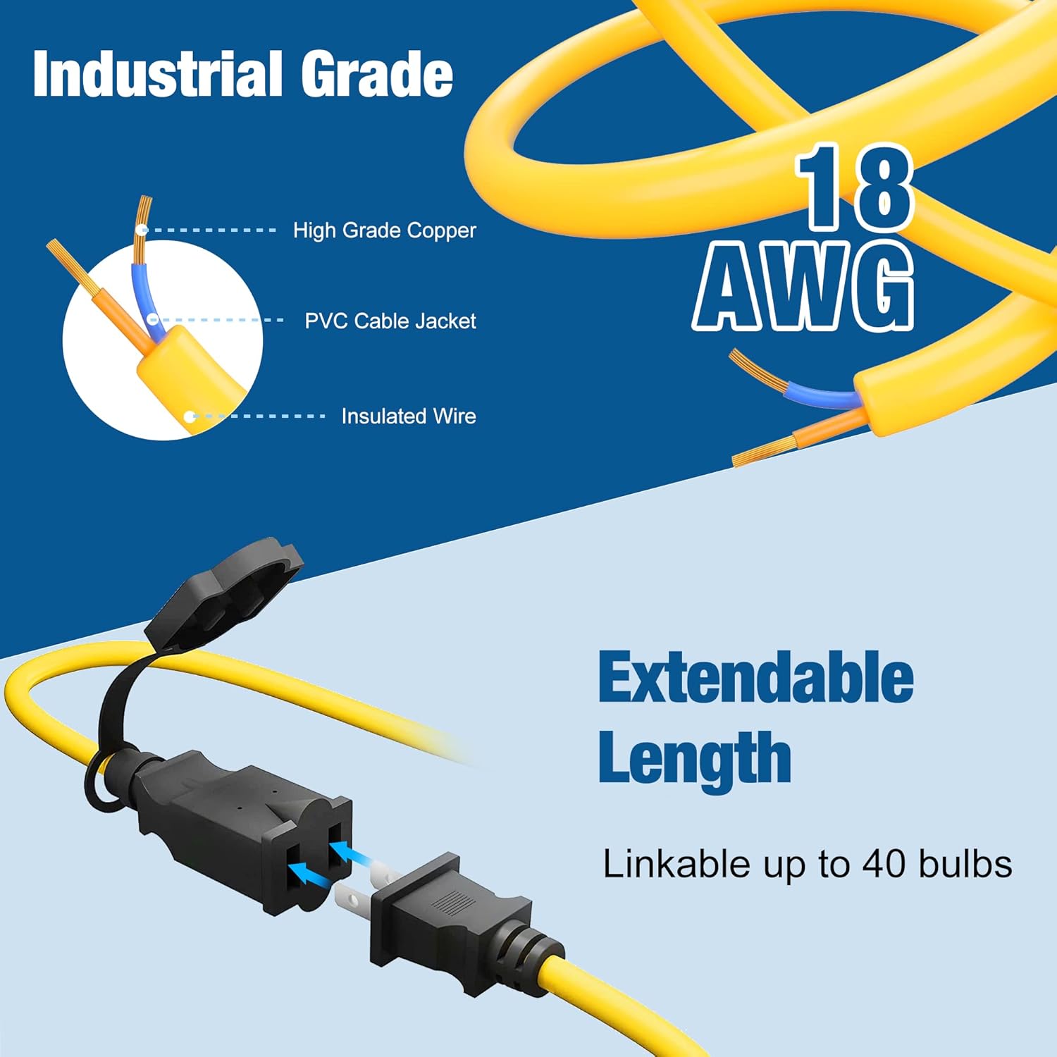 G GJIA 130W LED Construction String Light Round Series 100FT 16000LM 2 Prong - G GJIA®