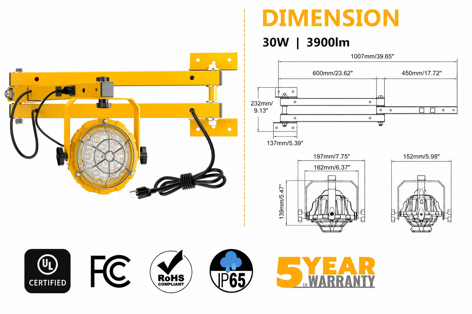 G GJIA LED Loading Dock Lights 30W-50W with Swing Double Arm, B2 Round Series