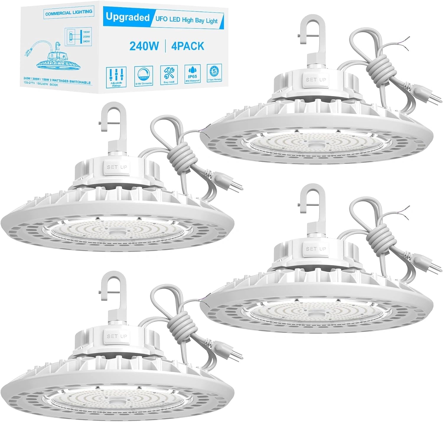 High Bay LED Lights White Series 0-10V Dimmable, 5' Cable with US Plug - G GJIA®