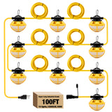 100FT LED Construction String Lights 130W 16,000LM 3 Prong With Cage 10 Integrated LED Lights