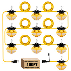 100FT LED Construction String Lights 130W 16,000LM 3 Prong With Cage