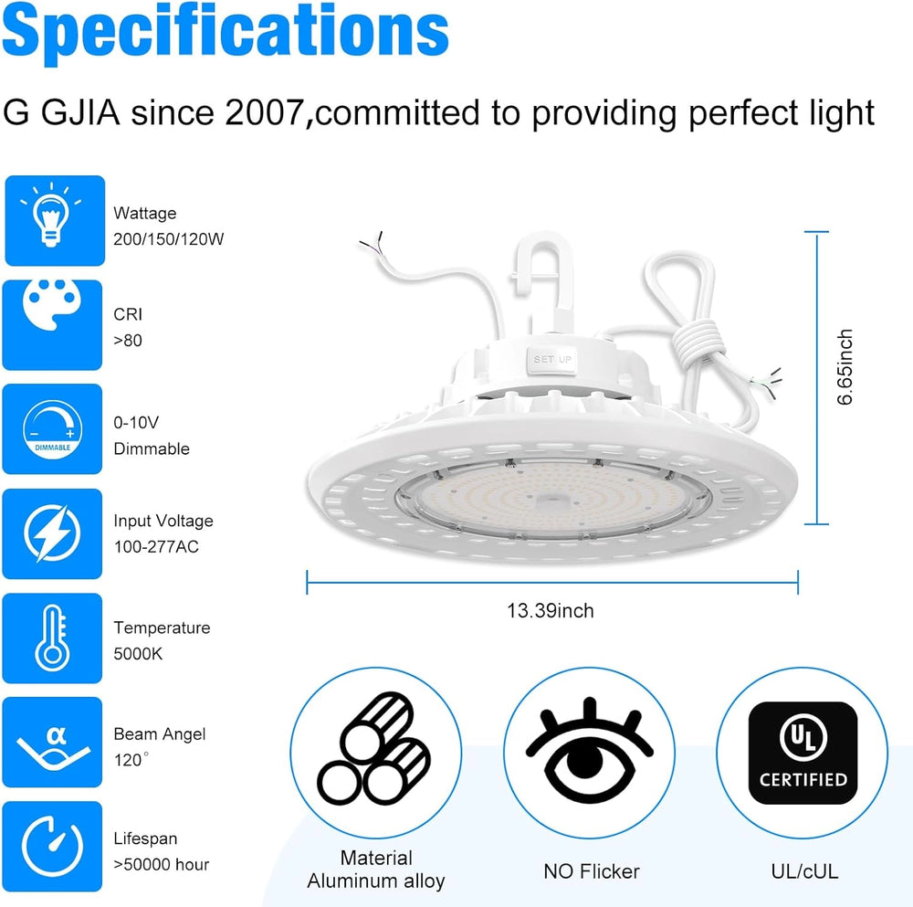 High Bay LED Lights White Series 0-10V Dimmable, 5' Cable with US Plug - G GJIA®