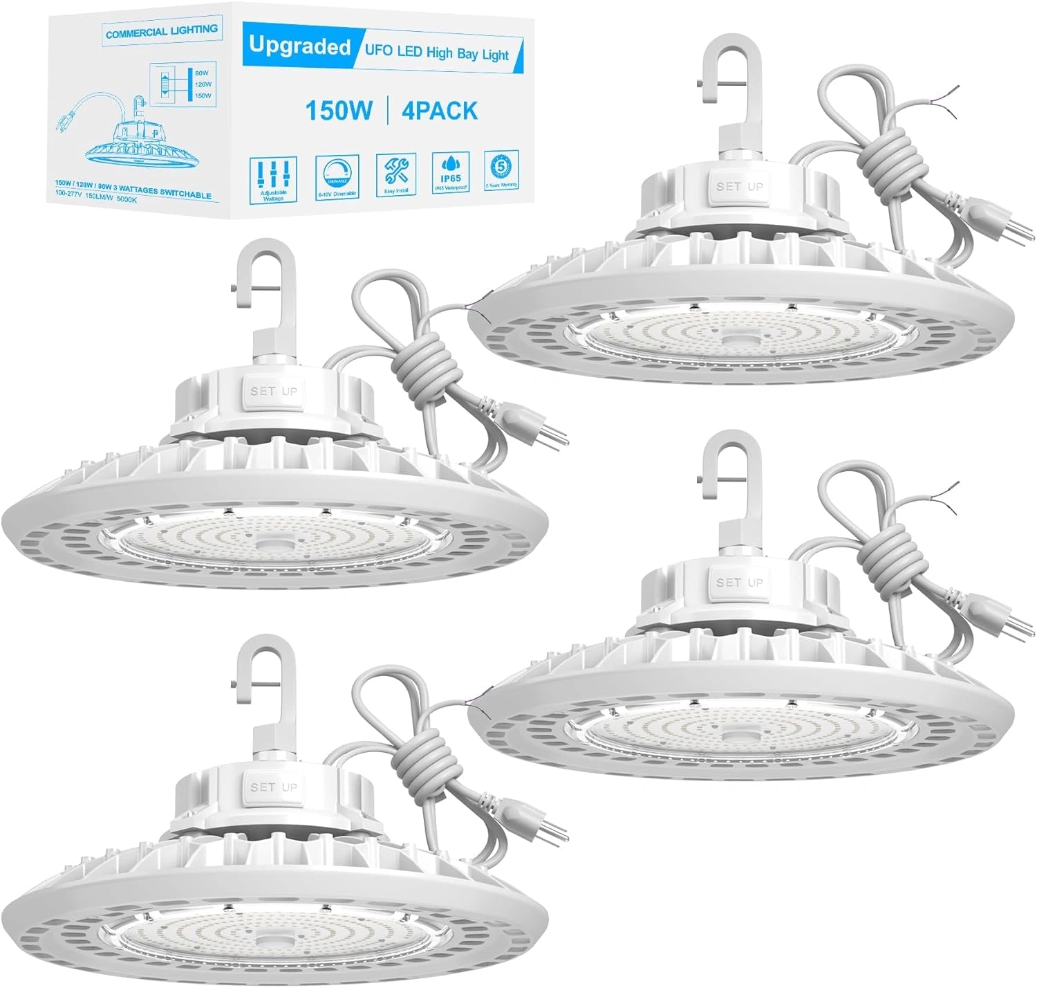 High Bay LED Lights White Series 0-10V Dimmable, 5' Cable with US Plug - G GJIA® G GJIA®