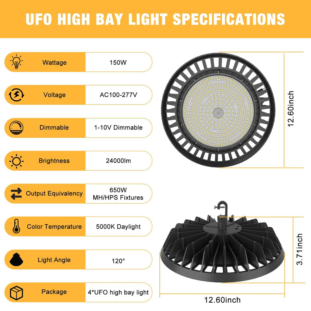 G GJIA® 150W UFO LED High Bay Light 160LM/W Dimmable 5000K 4 Pack - G GJIA®