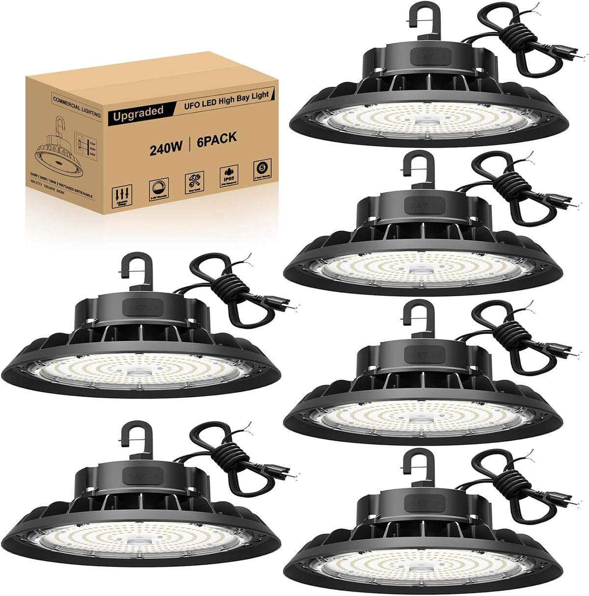 LED High Bay Lights 240W 36,000LM Adjustable Series 0-10V Dimmable, 5' Cable with US Plug