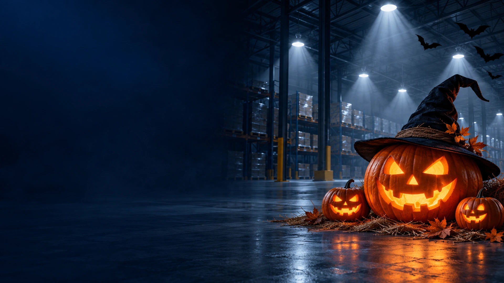 Halloween pumpkins in a blue-lit warehouse